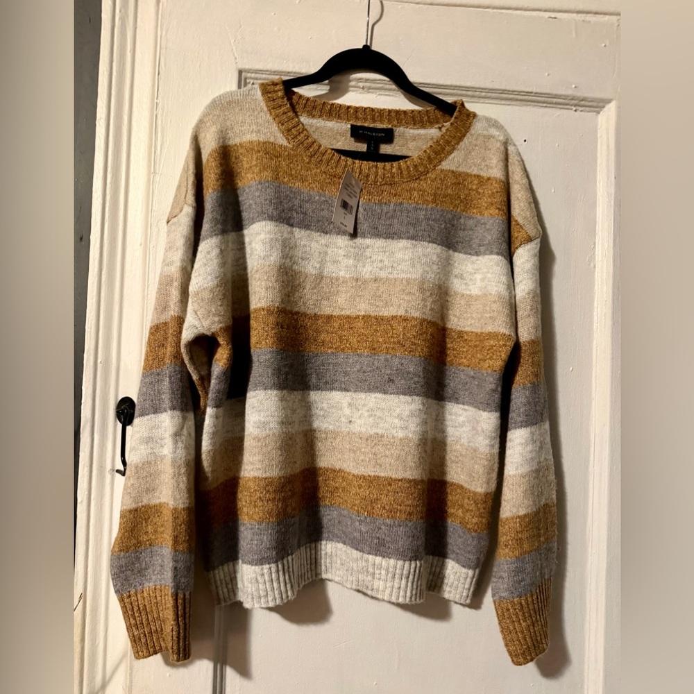 H by Halston Striped Tan and Gray Women's Sweater - NWT